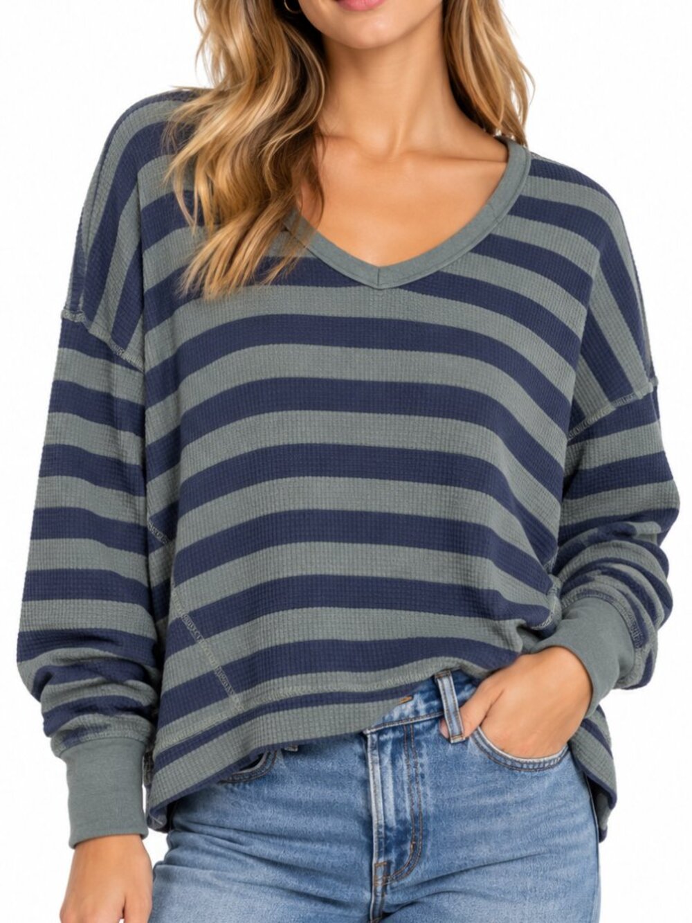 Aerie OFFLINE Striped Thermal V-Neck Long Sleeve Top Size M